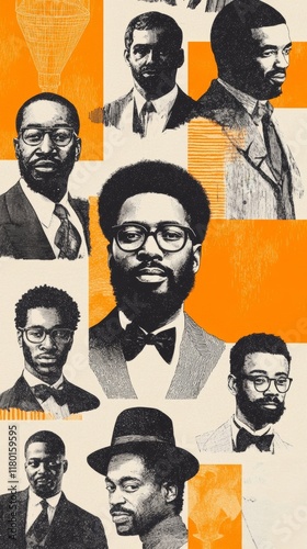 A creative Black History Month background featuring a collage of African American inventors writers and artists with bold text reading Innovators and Visionaries 