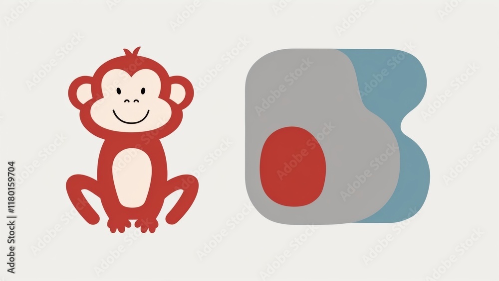 The image features a simple, friendly-looking cartoon monkey on the left, characterized by its red and beige color scheme and a cheerful expression, sitting opposite to a stylized abstract shape on The image features a simple, friendly-looking cartoon monkey on the left, characterized by its red and beige color scheme and a cheerful expression, sitting opposite to a stylized abstract shape on
