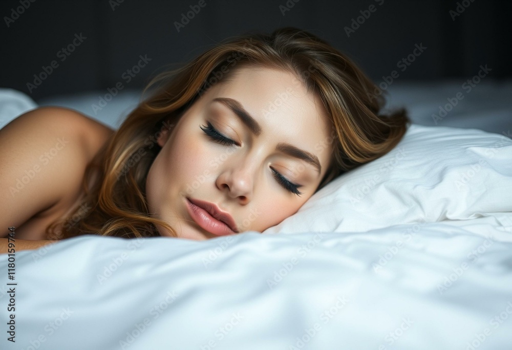 Sleeping woman with closed eyes, dimly lit room, soft bed Sleeping woman with closed eyes, dimly lit room, soft bed