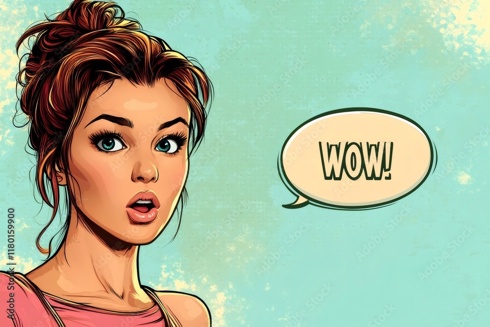 Wow pop art woman expressing amazement with speech bubble Wow pop art woman expressing amazement with speech bubble