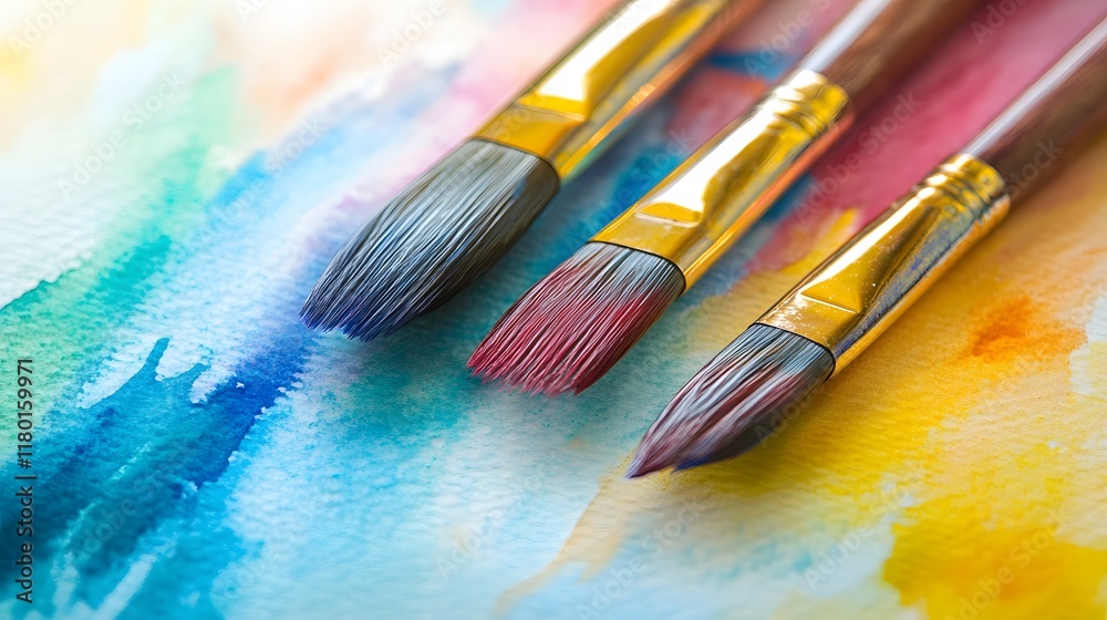 Obraz premium Three Paintbrushes Resting on a Colorful Watercolor Painting