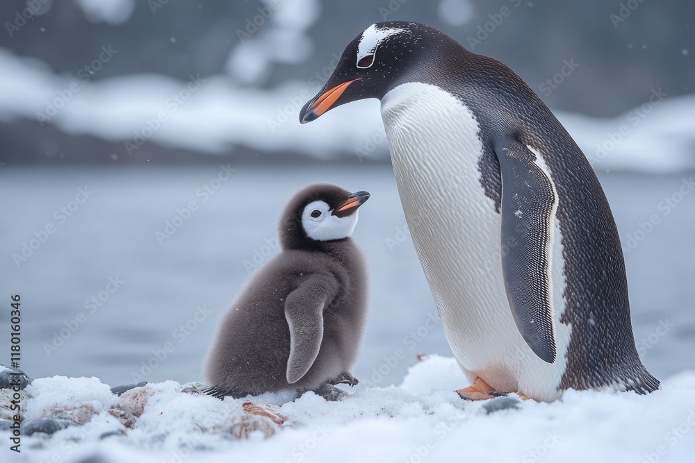 Naklejka premium A close-up of a parent penguin standing next to its young one in a snowy environment