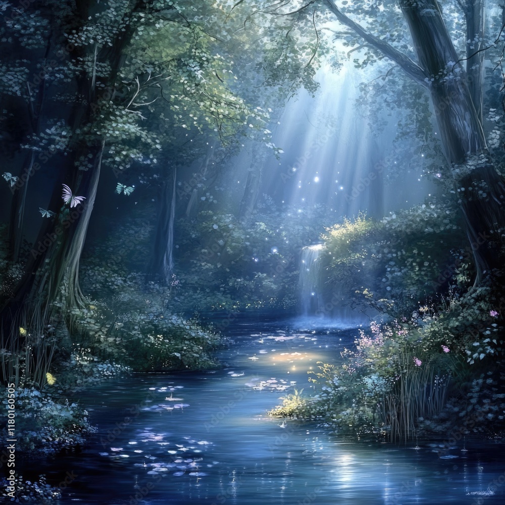 Obraz premium A serene natural scene with a stream meandering through a lush green forest