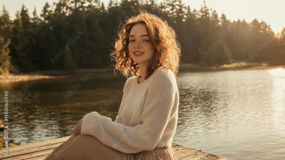 Woman enjoying a peaceful day by the lake in autumn serenity Woman enjoying a peaceful day by the lake in autumn serenity