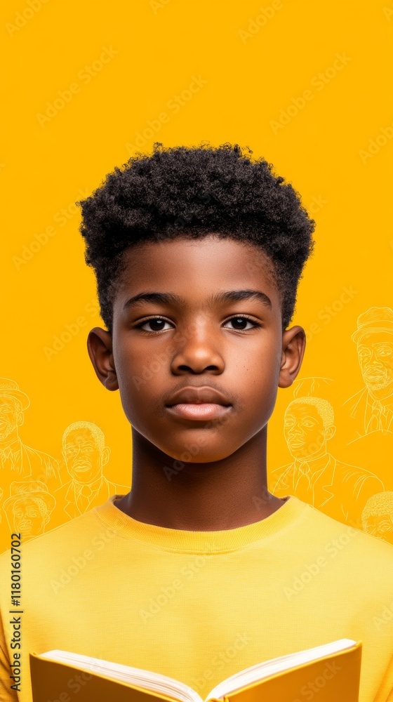 A dynamic Black History Month background showing a young student reading a book on Black history with colorful illustrations of historical milestones coming to life around them A dynamic Black History Month background showing a young student reading a book on Black history with colorful illustrations of historical milestones coming to life around them
