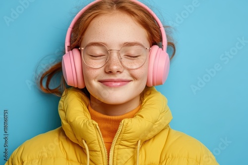 A joyful girl in a yellow jacket enjoys music with eyes closed 