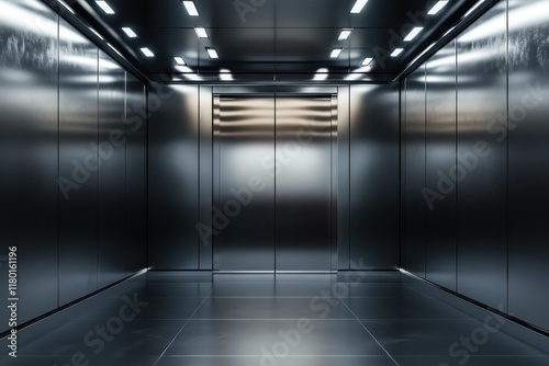 A futuristic silver and metallic interior of an elevator with sleek walls  LED lights  and reflective surfaces. The background is dark gray 