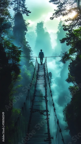 Man walking alone long suspended bridge over forest photos photo