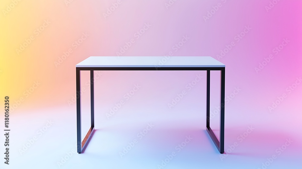 A white table with black legs sits on a colorful background A white table with black legs sits on a colorful background