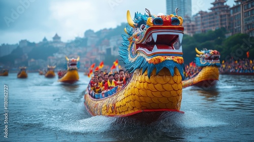 A dragon boat race during the Chinese New Year festival with bright colors and cheering crowds along the river photo