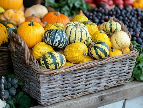 Colorful gourds in a wicker basket at a farmer's market. photo