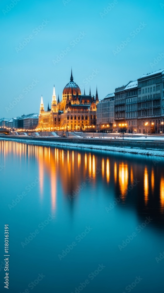 Fototapeta premium A magical Christmas Eve in Budapest with the Parliament building glowing along the Danube River snowy streets and holiday lights reflecting on the water 