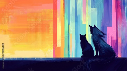   Two feline companions perched together on a window ledge amidst a vibrant backdrop