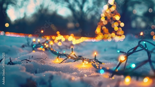 Snowy Field with magical bokeh effect and Christmas Decor, Generative AI