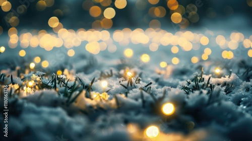 Snowy Field with magical bokeh effect and Christmas Decor, Generative AI