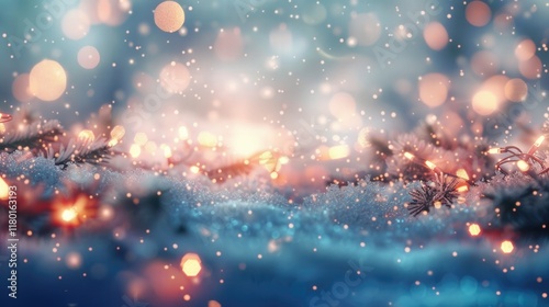 Snowy Field with magical bokeh effect and Christmas Decor, Generative AI