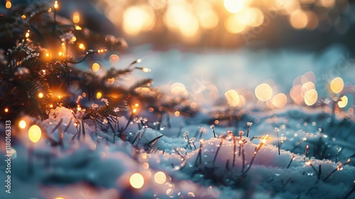 Snowy Field with magical bokeh effect and Christmas Decor, Generative AI
