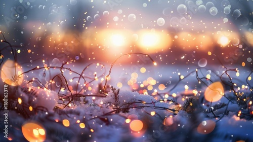 Snowy Field with magical bokeh effect and Christmas Decor, Generative AI