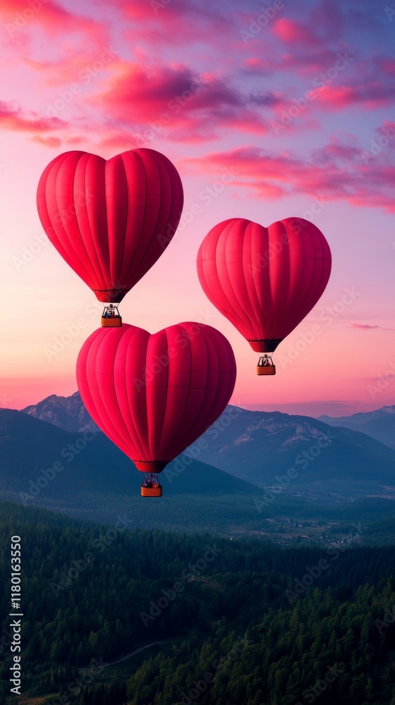 Fototapeta premium A magical Valentines Day background with heart shaped hot air balloons floating over a scenic valley under a sky painted with warm pink hues 