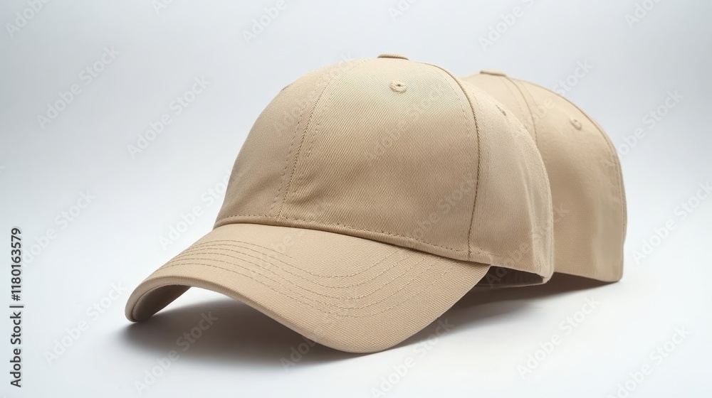 Blank beige baseball caps on white backdrop, customizable for branding or logo placement. Blank beige baseball caps on white backdrop, customizable for branding or logo placement.