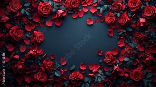 Crimson Romance: A heart-shaped frame of luscious red roses and scattered petals on a deep navy blue background. Perfect for Valentine's Day, romantic occasions, or adding a touch of elegance.