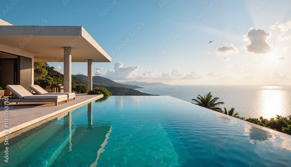 Fototapeta premium Modern villa with infinity pool overlooking ocean at sunset