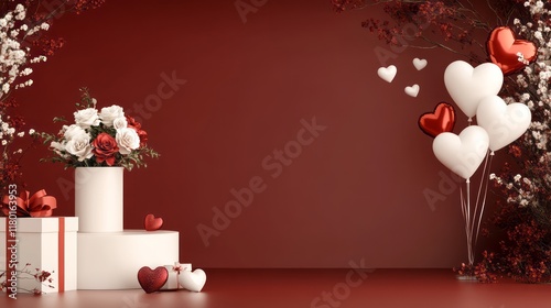 Valentine's Day background with a  gift boxes, and red and white heart balloons 