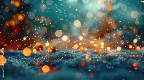Snowy Field with magical bokeh effect and Christmas Decor, Generative AI