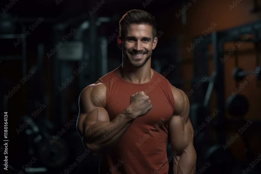Portrait of a smiling bodybuilder showing his biceps in a gym Portrait of a smiling bodybuilder showing his biceps in a gym