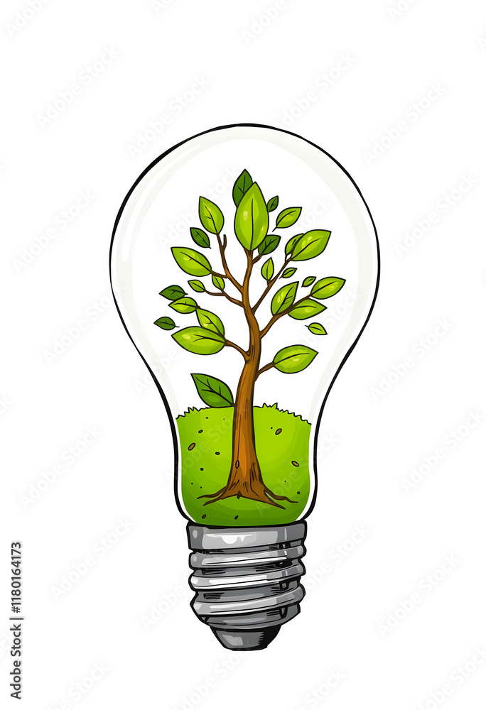 Light bulb with a tree growing inside, hand-drawn style. Green energy, environmental conservation, sustainable development Light bulb with a tree growing inside, hand-drawn style. Green energy, environmental conservation, sustainable development