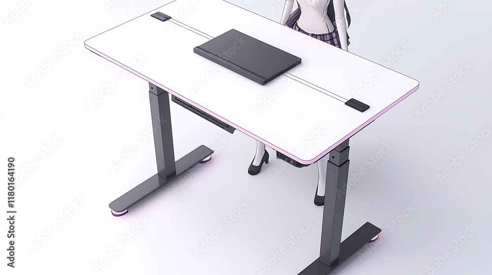 Fototapeta premium A woman sits at a desk with a laptop on it
