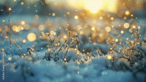 Snowy Field with magical bokeh effect and Christmas Decor, Generative AI
