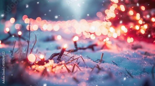 Snowy Field with magical bokeh effect and Christmas Decor, Generative AI
