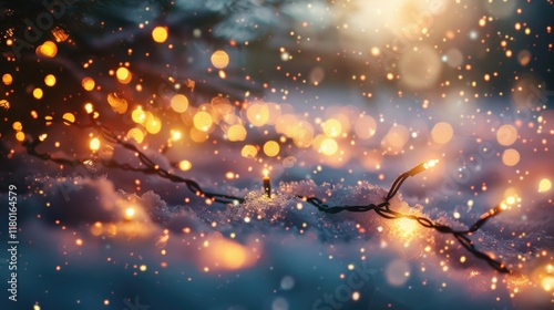 Snowy Field with magical bokeh effect and Christmas Decor, Generative AI