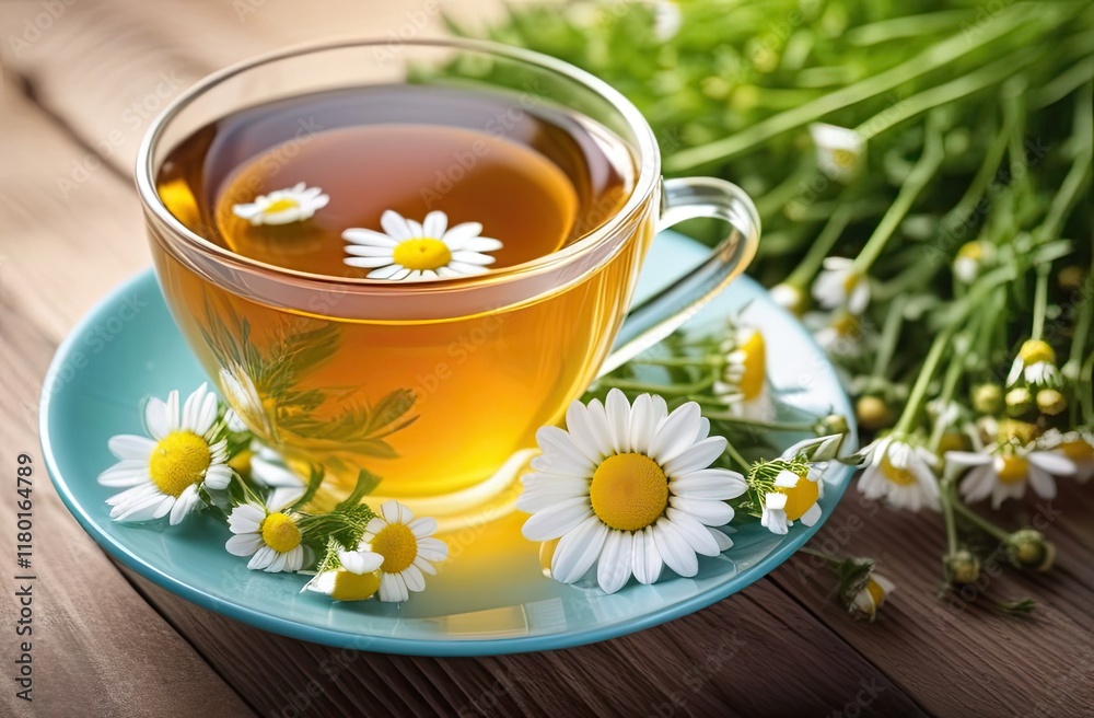 Chamomile tea served in a glass cup with fresh flowers on a wooden table Chamomile tea served in a glass cup with fresh flowers on a wooden table