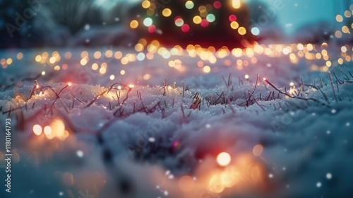 Snowy Field with magical bokeh effect and Christmas Decor, Generative AI