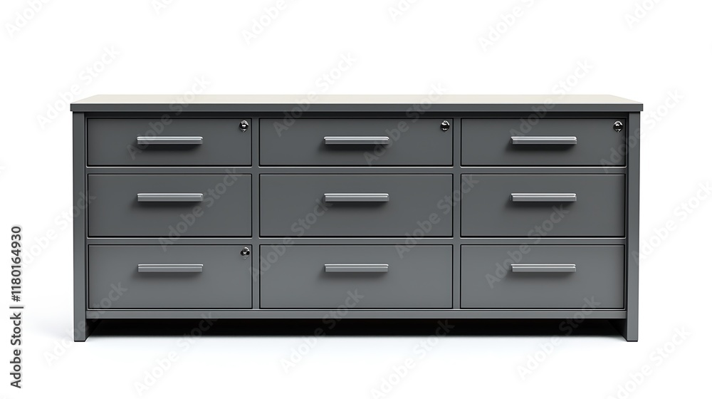 A gray metal filing cabinet with nine drawers A gray metal filing cabinet with nine drawers