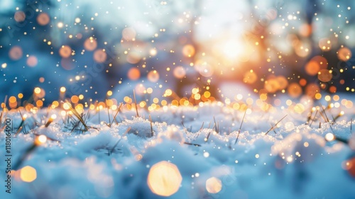 Snowy Field with magical bokeh effect and Christmas Decor, Generative AI