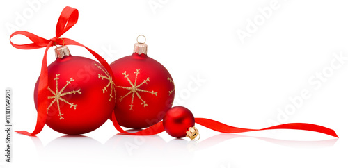 Three Christmas red decoration baubles with ribbon bow isolated on white background