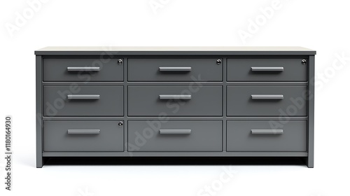 A gray metal filing cabinet with nine drawers