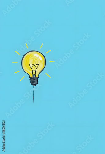 A solitary lightbulb illuminating a blue background, offering space for creativity and innovation., crayon drawing, with white tones