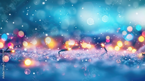 Snowy Field with magical bokeh effect and Christmas Decor, Generative AI