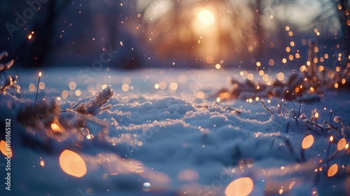 Snowy Field with magical bokeh effect and Christmas Decor, Generative AI