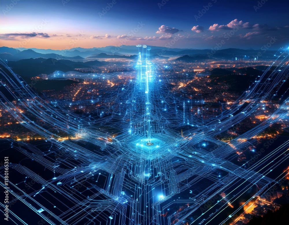 Obraz premium Digital Landscape with Interconnected Nodes and Circuits