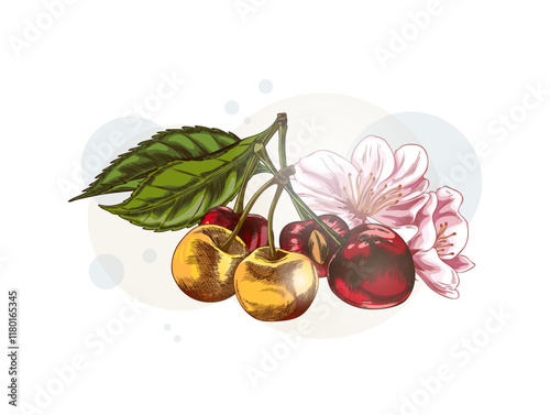 Cherry branch with berries, leaves and flower sketch, vector hand drawn ripe red and yellow fruit summer farm plant food