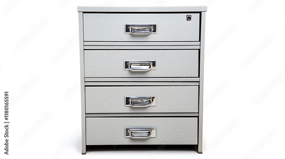 A gray metal filing cabinet with four drawers A gray metal filing cabinet with four drawers