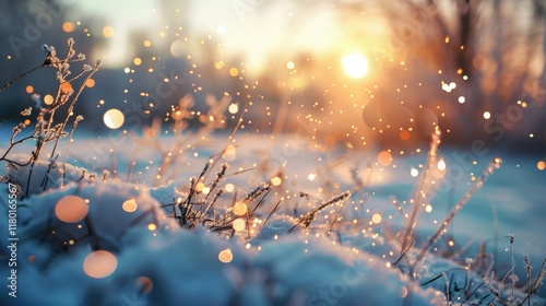 Snowy Field with magical bokeh effect and Christmas Decor, Generative AI