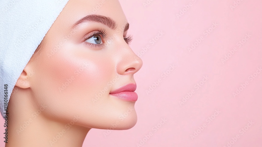 Fototapeta premium Close-up of woman with glowing skin, side profile of young female, pink background, natural beauty and skincare concept, healthy radiant complexion, soft makeup look