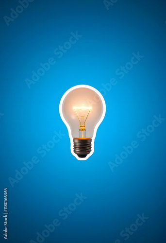 A solitary lightbulb illuminating a blue background, offering space for creativity and innovation., sticker style, with white tones