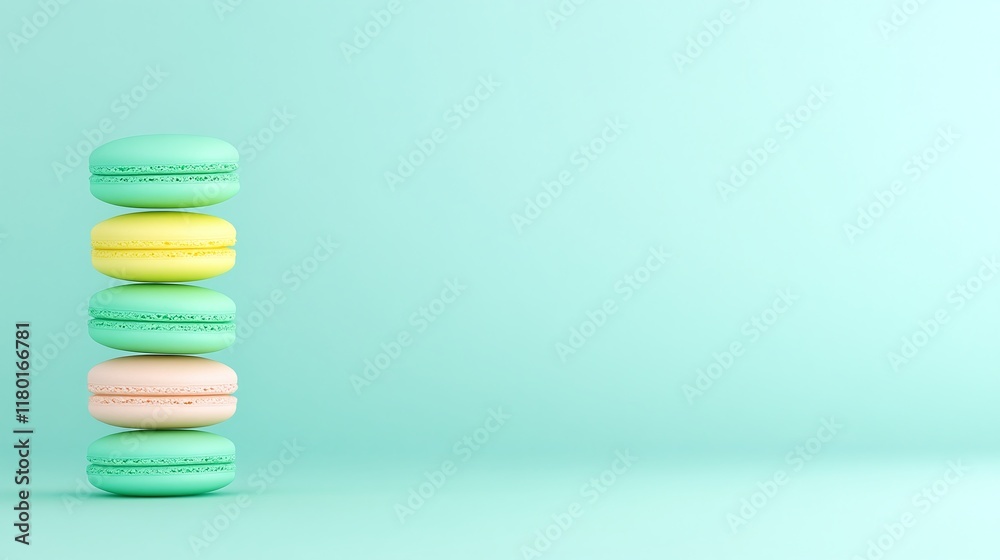 Stack of pastel macarons in yellow, green, and beige on turquoise background, minimalistic dessert composition, French cookies, food photography with copy space
Stack of pastel macarons in yellow, green, and beige on turquoise background, minimalistic dessert composition, French cookies, food photography with copy space